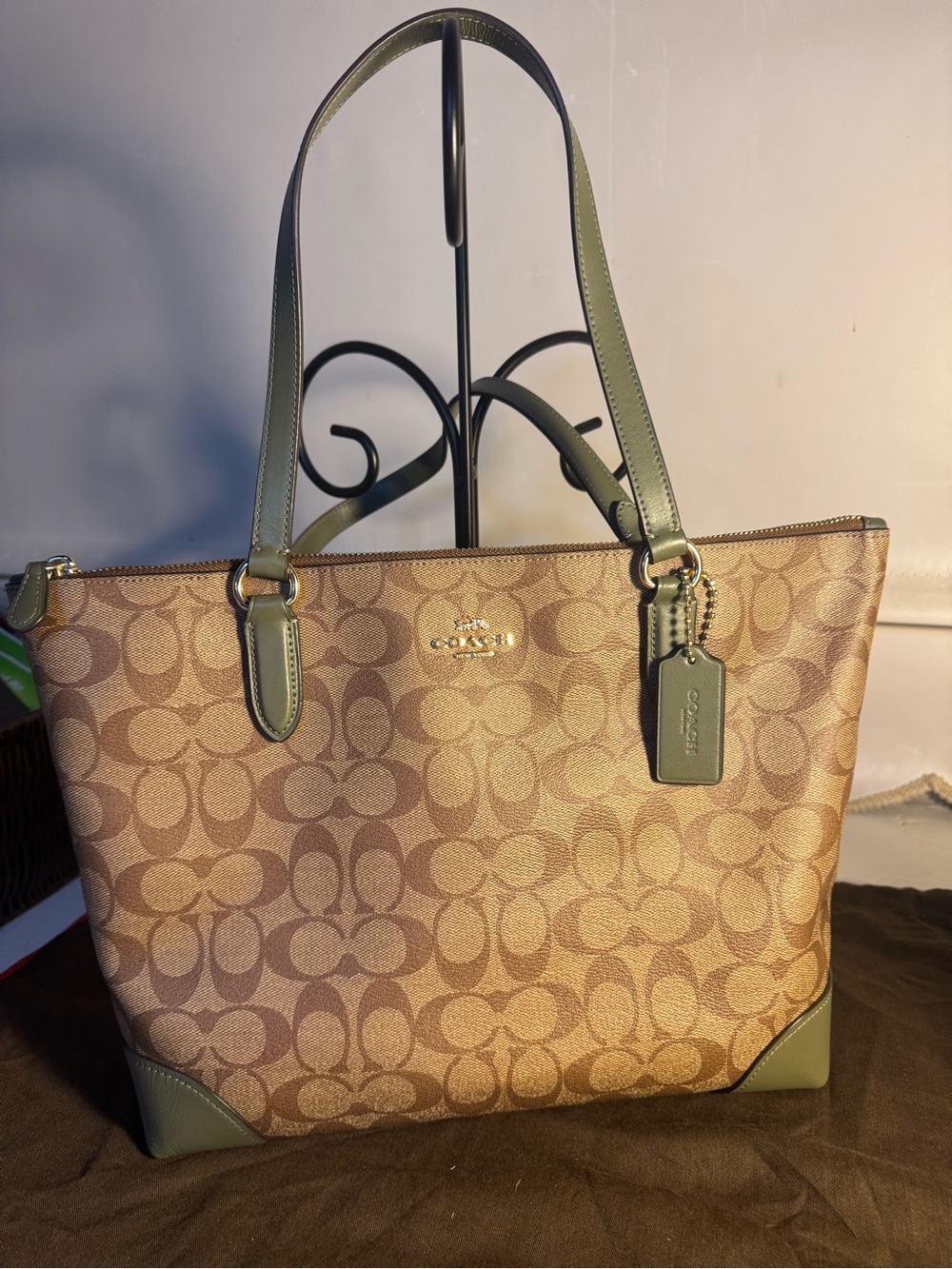 Coach Beige Signature Canvas Tote with Olive Trim